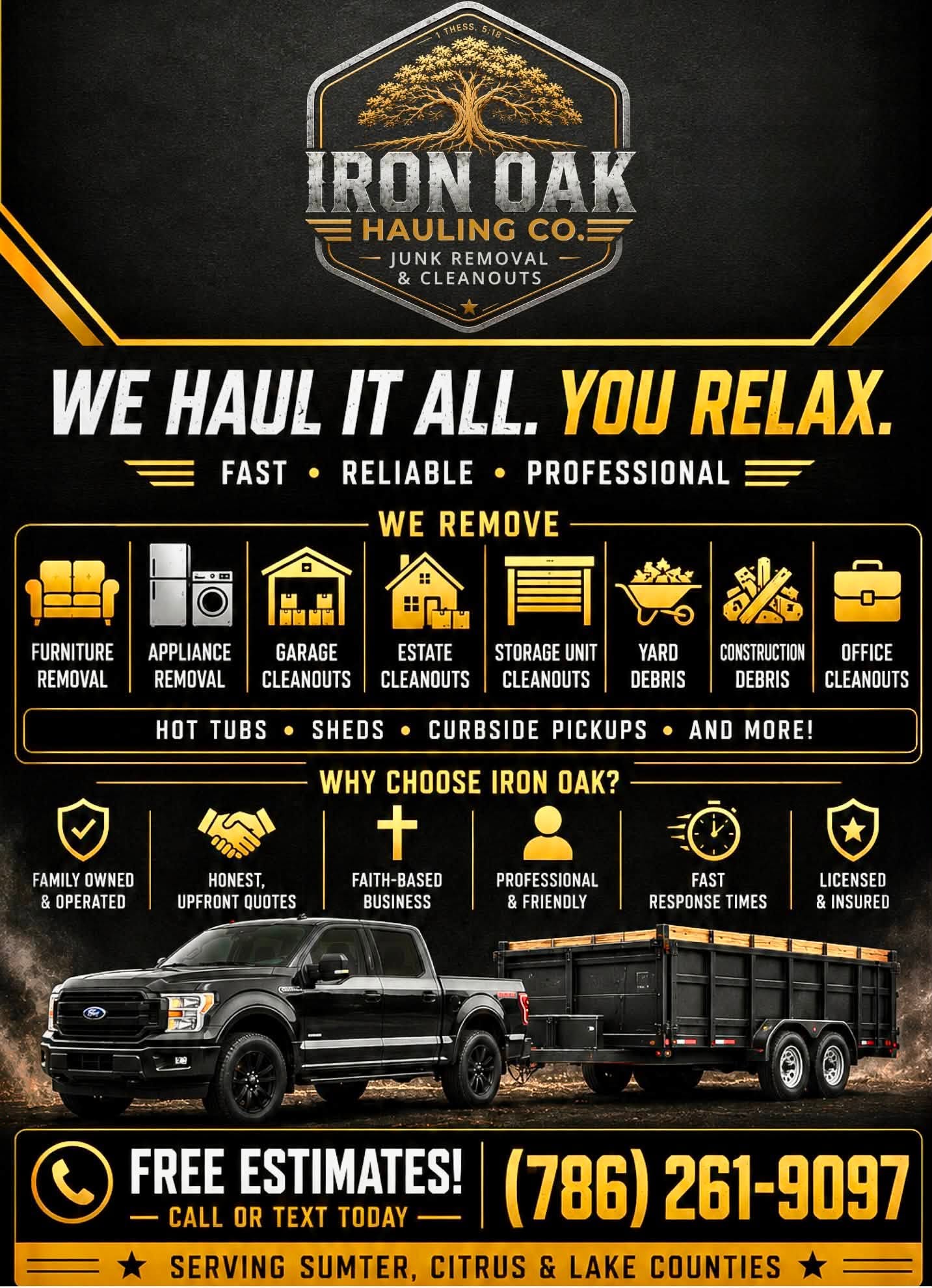 Iron Oak Hauling Co. services flyer — furniture, appliance, garage, estate, storage, yard and construction debris removal